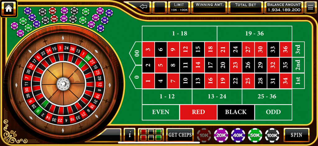 Roulette - Casino Style - Ein digitales Roulette-Rad und ein Wett-Gitter mit bunten Chips in einem Spiel im Casino-Stil.