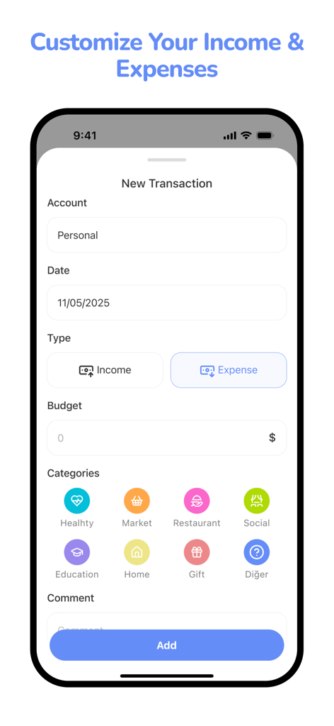 Finance Tracker: Budget Tool - Mobile app interface for adding a new income or expense transaction with category icons and budget input