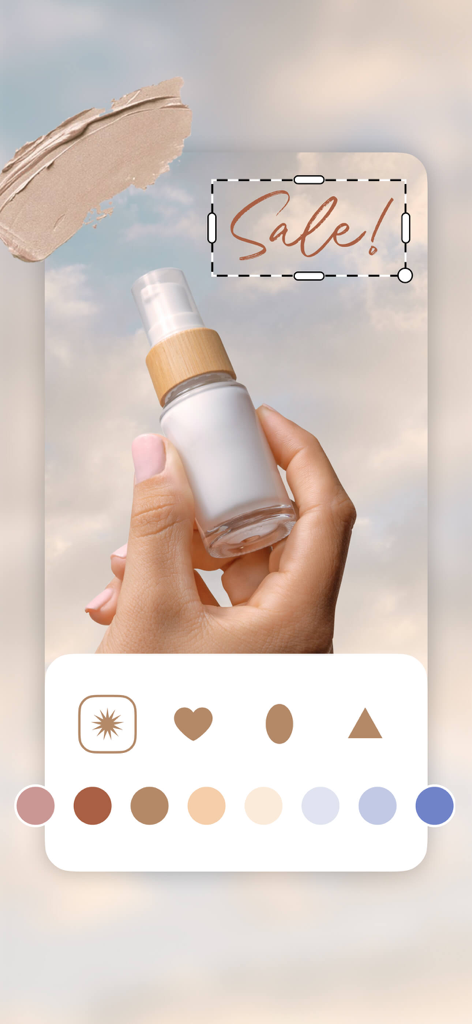Eine Hand, die eine kosmetische Flasche in einer ästhetischen Social-Media-Story-Vorlage mit Bearbeitungswerkzeugen und einem Verkaufsetikett hält