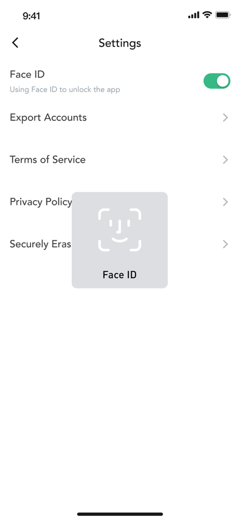 MEXC Authenticator 설정 메뉴는 Face ID 생체 인식 잠금이 활성화되어 있음을 보여줍니다.