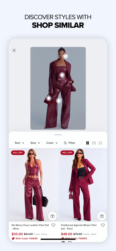Fashion Nova: Trendy Shopping - 버건디 의상에 대화형 태그와 일치하는 제품 제안이 있는 유사 제품 쇼핑 도구를 보여주는 패션 노바 앱 인터페이스.