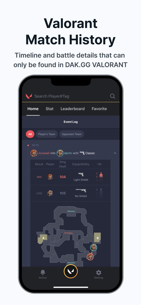 DAK.GG app interface displaying Valorant match history with an event log and tactical map overview