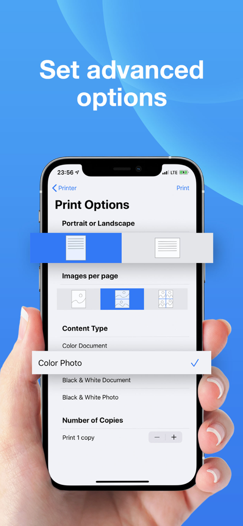 iPhone-Bildschirm mit erweiterten Druckoptionen wie Seitenorientierung und Bilder pro Seite in der Smart Printer App