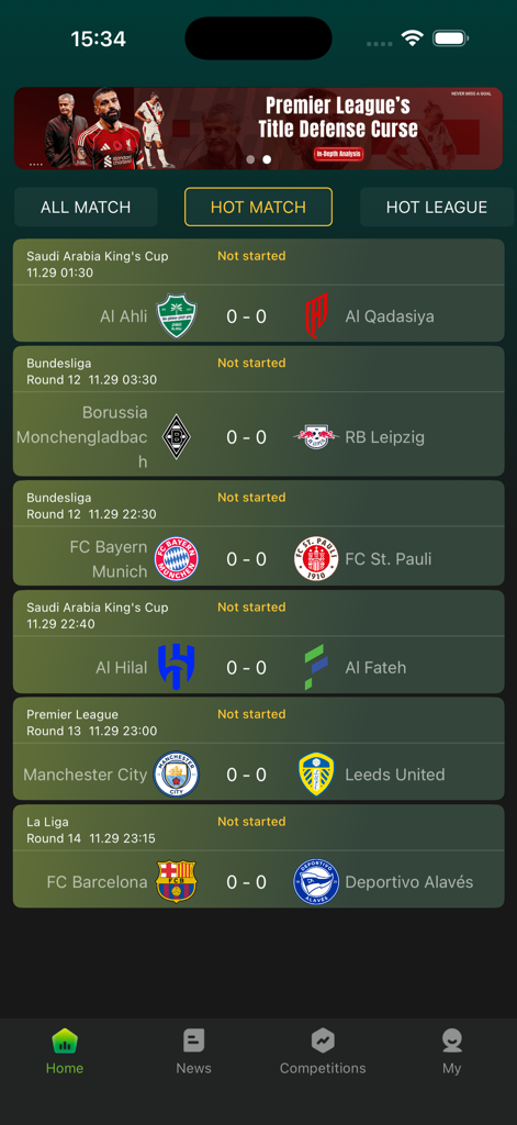 Camel Live - Un elenco delle prossime partite di calcio dei campionati mondiali nell'app mobile Camel Live