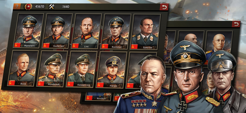 WW2: Strategy Games War Games - A selection menu of famous historical generals in a World War 2 mobile strategy game