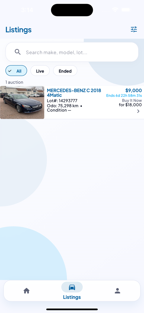 AutoBid Cars - Mobile app screen showing a Mercedes Benz C 2018 live car auction listing with bid price