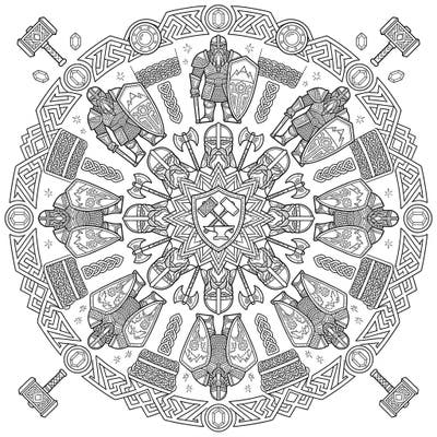Unleash your inner artist with this magnificent Dwarf Guardian Mandala coloring page. Featuring armored protectors in a symmetrical design, it's a true fantasy challenge.