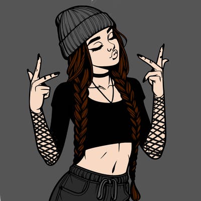 realistic teenage girl with braids and a beanie and crop top doing 🫶🏼