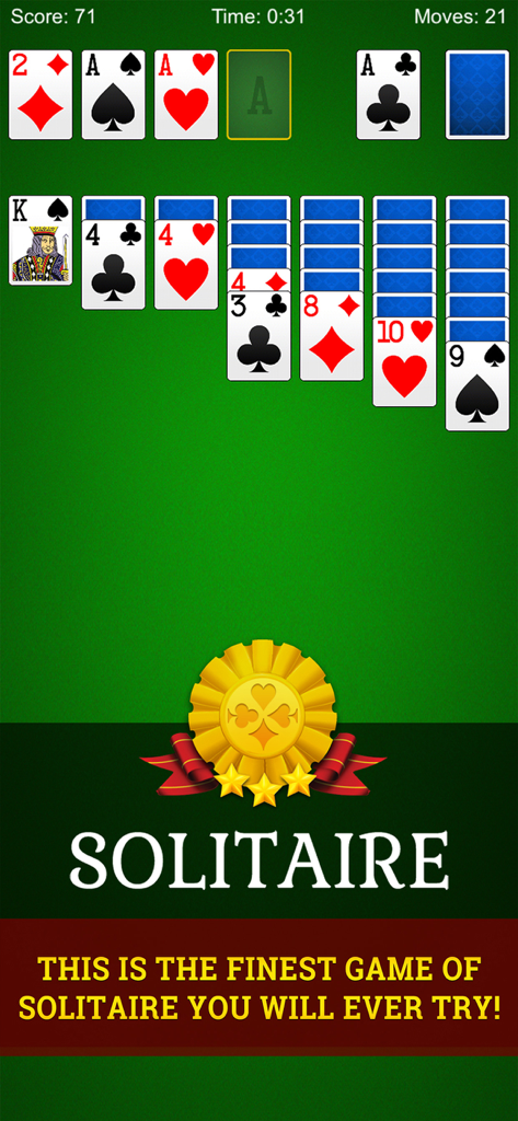 A gameplay screen of a classic Solitaire card game on a green background