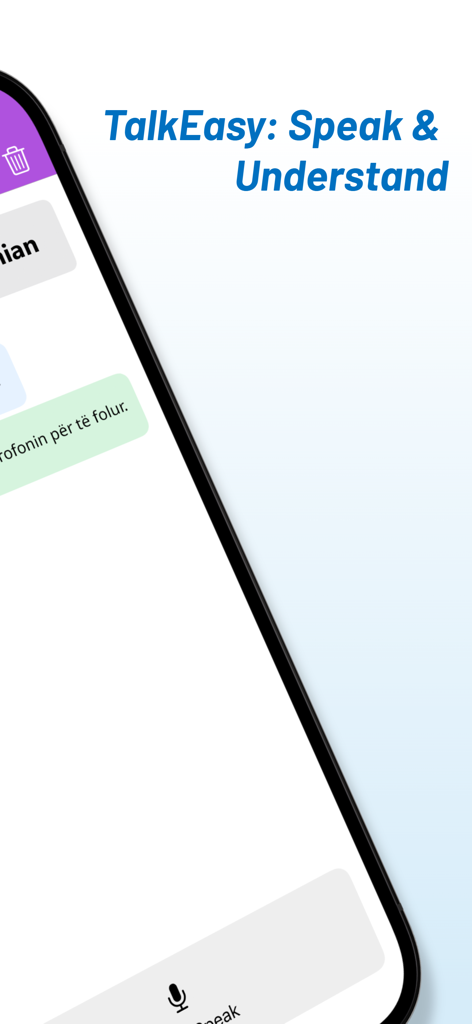 Interface de l'application Traduction Anglais Albanais montrant la fonction de traduction vocale avec le slogan TalkEasy Speak and Understand.