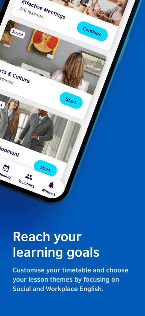 British Council English app interface showing course categories like Effective Meetings and Arts and Culture with options to customize lesson themes