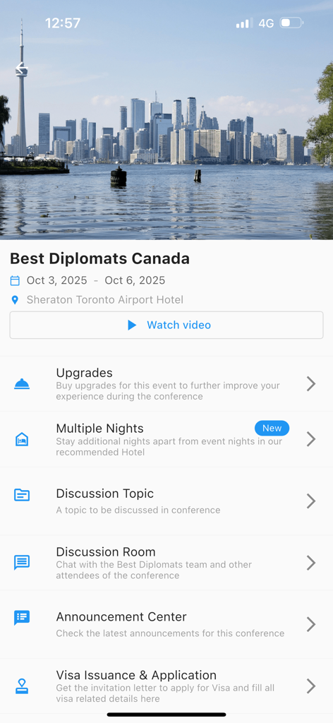 Best Diplomats - Best Diplomats Canada conference event details screen showing event schedule and logistics options