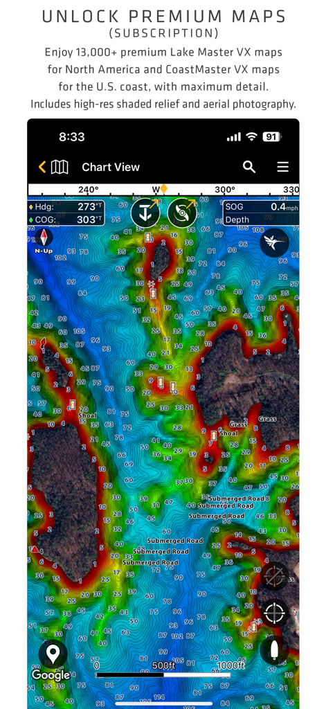 One-Boat Network - Interface de l'application One-Boat Network affichant des cartes de pêche premium LakeMaster VX avec relief ombré haute résolution