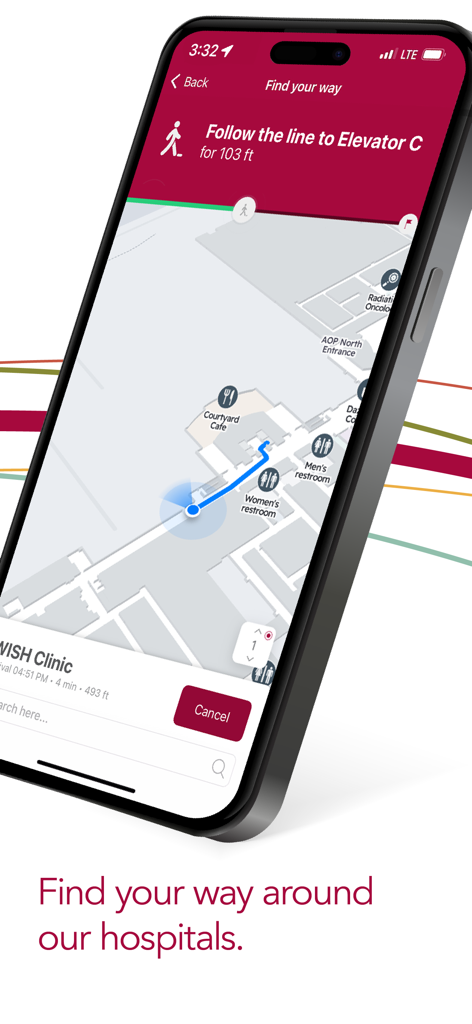 UCHealth app indoor navigation screen displaying a hospital map and directions