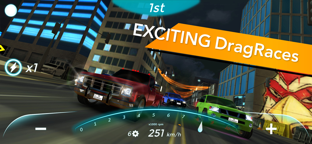 A red truck and other cars competing in a high speed drag race through a city at night.