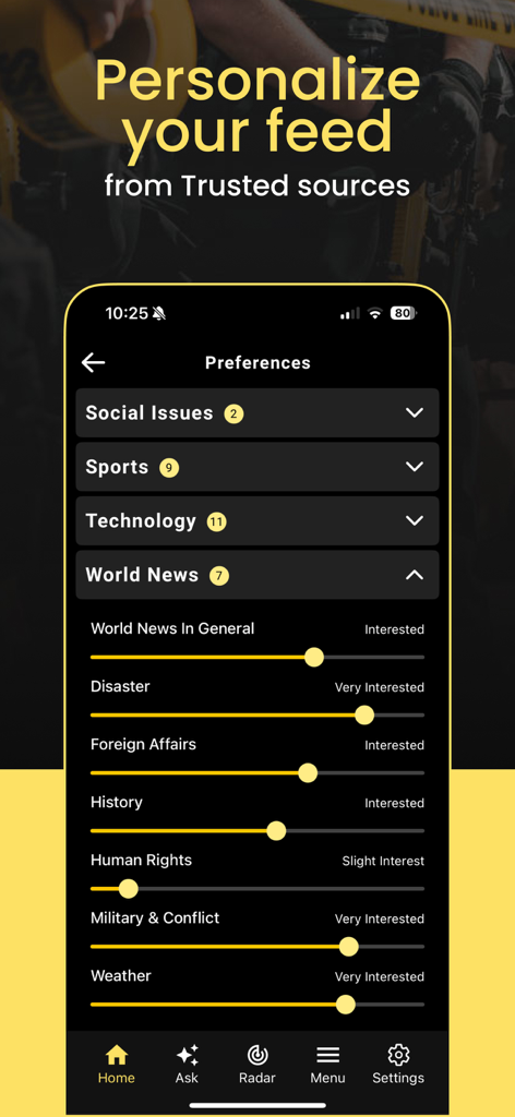LeadStory - LeadStory app interface showing world news preferences with sliders to personalize the news feed.