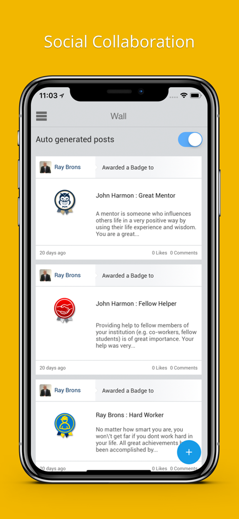 Pantalla de la aplicación University of Subway que muestra un muro social con insignias de reconocimiento a los empleados como Gran Mentor y Compañero Colaborador