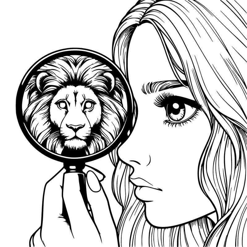 a realistic girl looking through a lion's eye