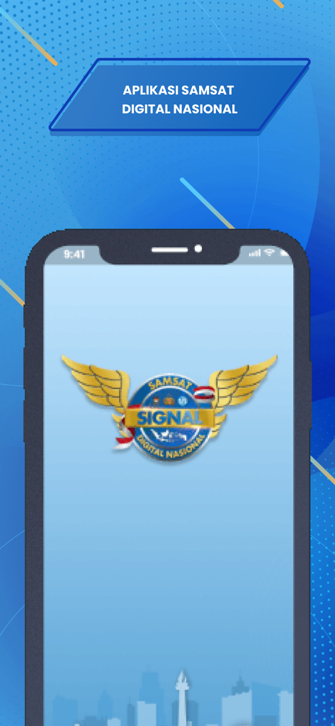 SIGNAL–SAMSAT DIGITAL NASIONAL - Der Startbildschirm der mobilen Anwendung SIGNAL Samsat Digital Nasional mit seinem geflügelten Logo und dem offiziellen Titel.
