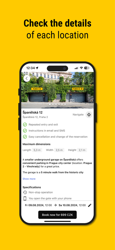 MR.PARKIT app interface displaying detailed information for a parking garage in Prague including location details, vehicle dimensions, and a booking button.