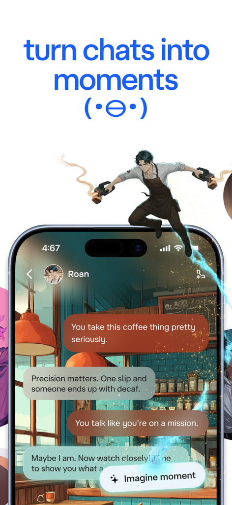 Interface de l'application Character AI montrant une session de chat avec un personnage barista de style anime nommé Roan et un bouton de fonctionnalité Moment d'imagination.