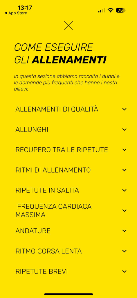My Personal Running Coach - La pantalla de guía de entrenamiento de la aplicación Mi Entrenador Personal de Running que enumera varios temas de entrenamiento de running