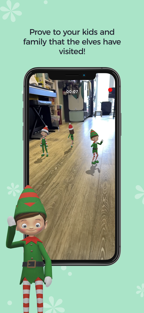 Elf Studio - Smartphone che mostra elfi in realtà aumentata sul pavimento del soggiorno per prove natalizie.