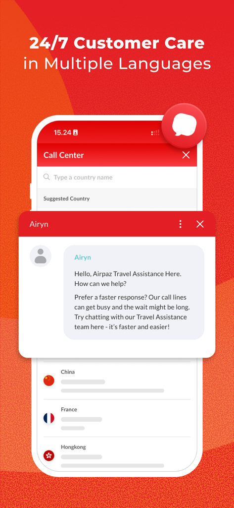 Interfaz de la aplicación Airpaz que muestra atención al cliente multilingüe las 24 horas, los 7 días de la semana y chat de asistencia en viajes