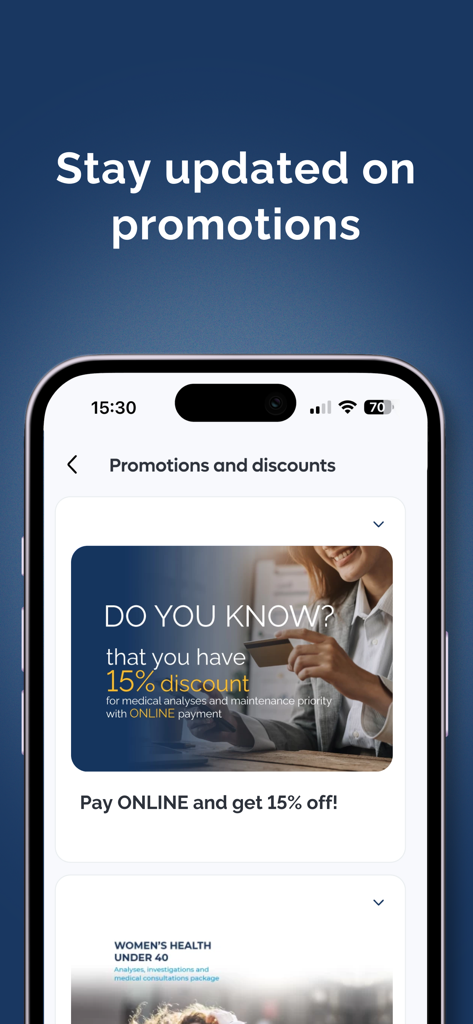 InvitroZen - Pantalla de promociones y descuentos en la aplicación InvitroZen que muestra un descuento del quince por ciento por pagos en línea