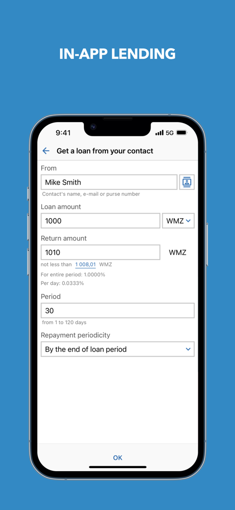 WebMoney Keeper - Interface de WebMoney Keeper présentant la fonctionnalité de prêt intégrée permettant de demander un prêt à un contact.
