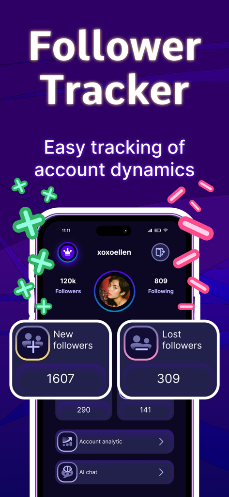 Panel de control de la aplicación móvil para Rastreador de Seguidores que muestra los recuentos de seguidores nuevos y perdidos para el seguimiento del crecimiento en redes sociales