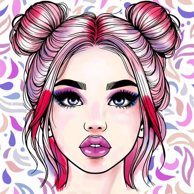 realistic girl with two buns on her hair and lips