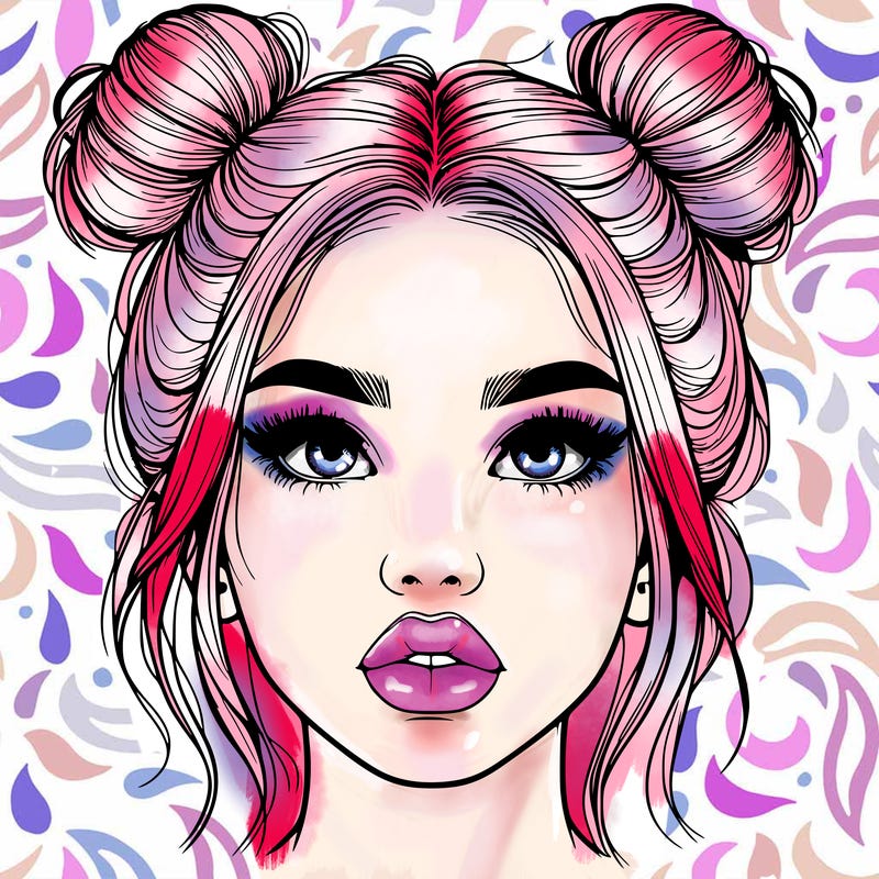 realistic girl with two buns on her hair and lips