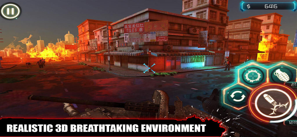 Zombie Survival Dead Shooting - A first person shooter game screen showing a 3D city environment with fire and zombie survival controls