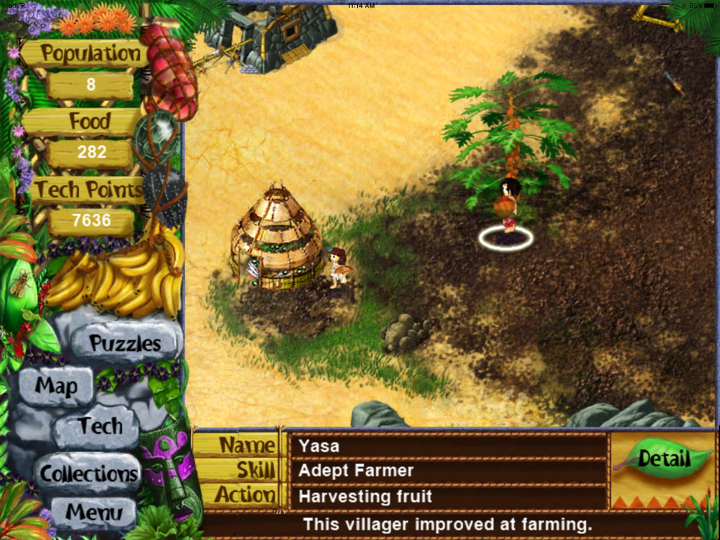 Virtual Villagers 3 for iPad - Gameplay of Virtual Villagers 3 for iPad showing a villager harvesting fruit
