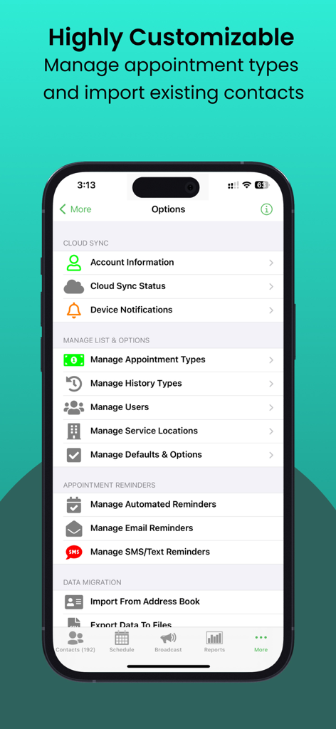 The options menu of the MyChair salon management app displaying settings for appointments reminders and data migration