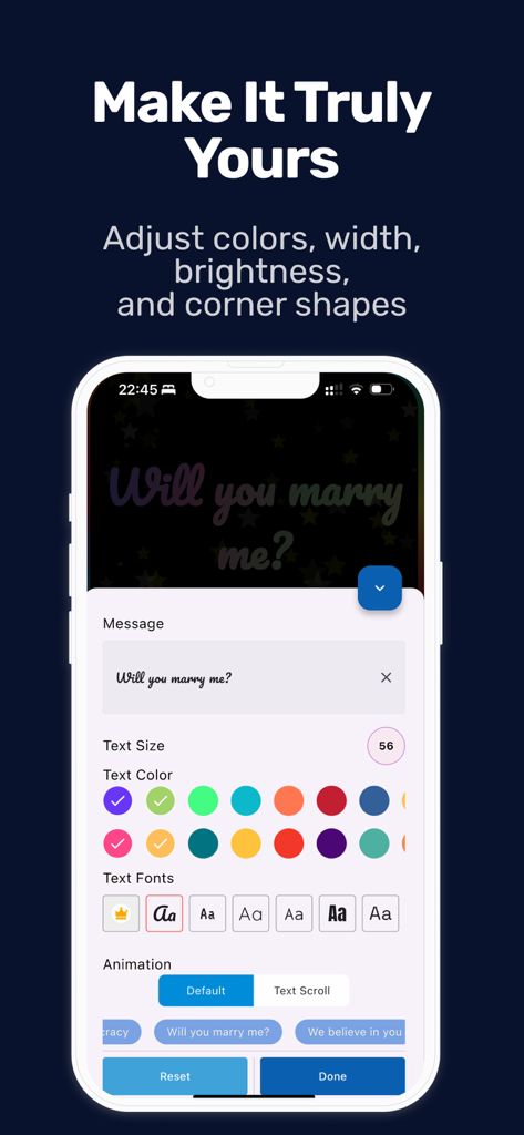 Interfaz para personalizar fuentes, colores y animaciones de mensajes de texto en la aplicación Edge Lighting