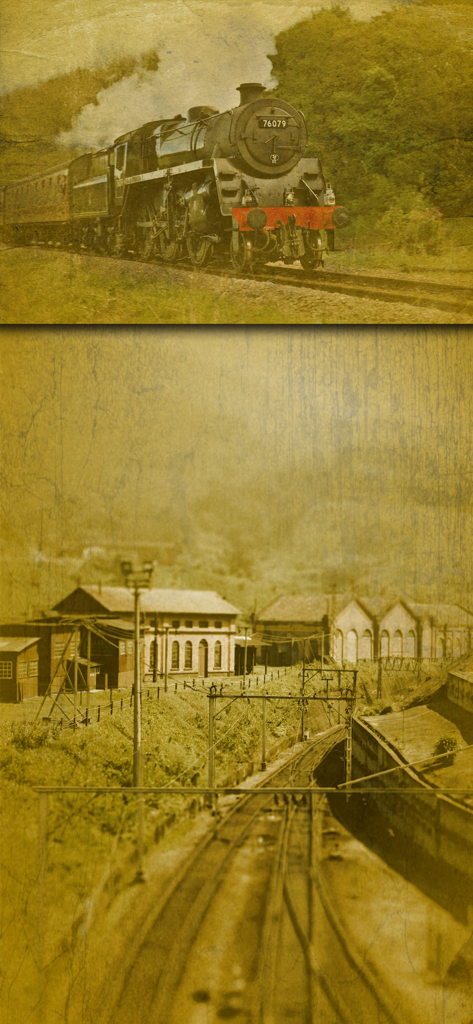 Vintage Scene - Sepia-toned historical photo of a steam train and railway buildings with distressed textures