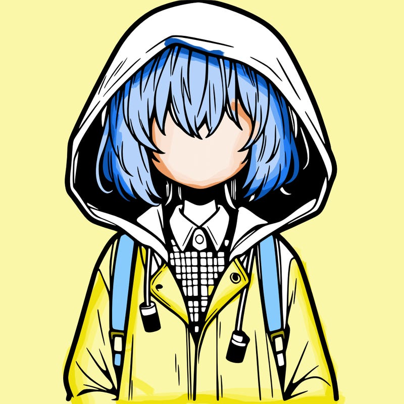 little anime girl in a raincoat her hair is covering her eyes she has a lighter