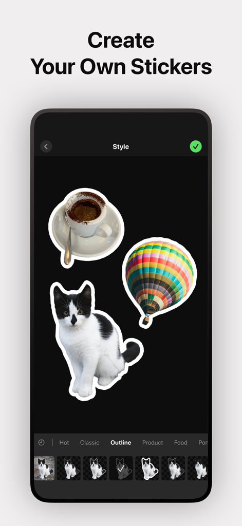 Mobile App-Oberfläche zur Erstellung benutzerdefinierter Sticker mit weißen Umrissen mithilfe von KI-Ausschnittwerkzeugen