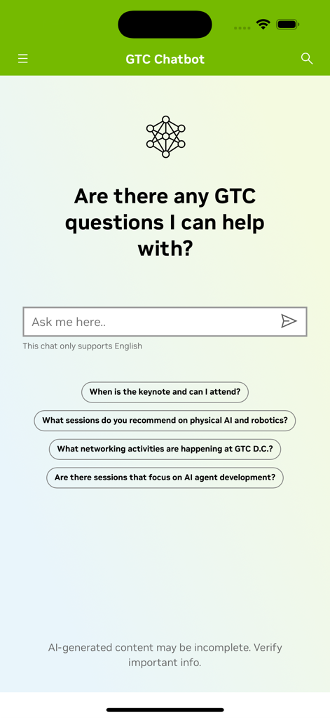 NVIDIA GTC - NVIDIA GTC App Chatbot-Oberfläche mit vorgeschlagenen Konferenzfragen.