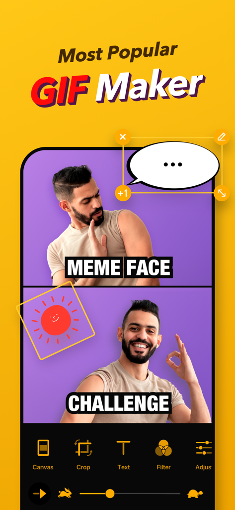 Screenshot of ImgPlay app interface showing a two frame meme creation with a man making different expressions and a speech bubble