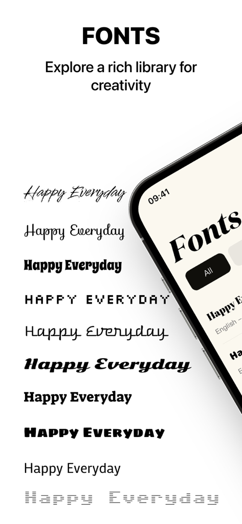 Fonts - Fonts Aesthetic - A variety of artistic and aesthetic font styles for the phrase Happy Everyday displayed next to a smartphone interface.