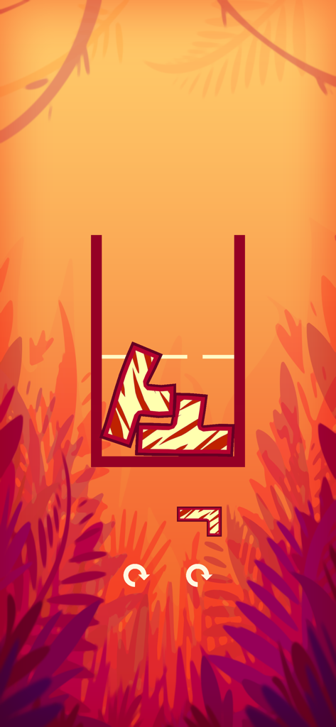 Jelly Fill - Gameplay de Jelly Fill mostrando blocos instáveis sendo empilhados em um recipiente contra um fundo temático de selva quente.