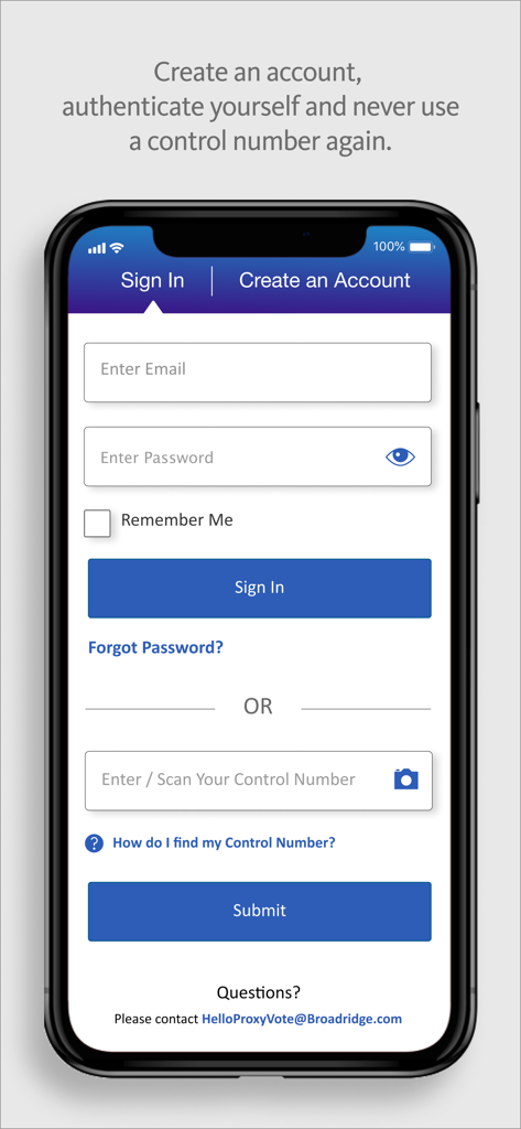 ProxyVote: Your Voice Matters - ProxyVote app sign in screen showing email login and control number entry fields