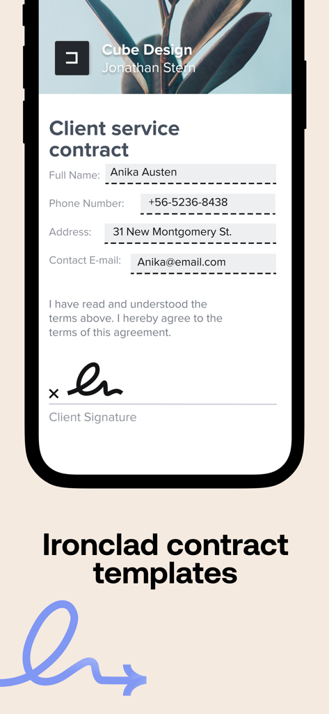 Interface de l'application HoneyBook affichant un contrat de service numérique avec une signature.