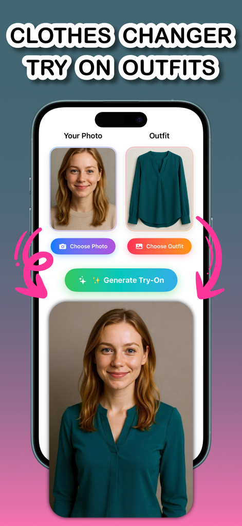 Outfit Checker: AI Scanner - Interface do aplicativo móvel mostrando o recurso de prova virtual por IA com uma mulher experimentando uma blusa verde