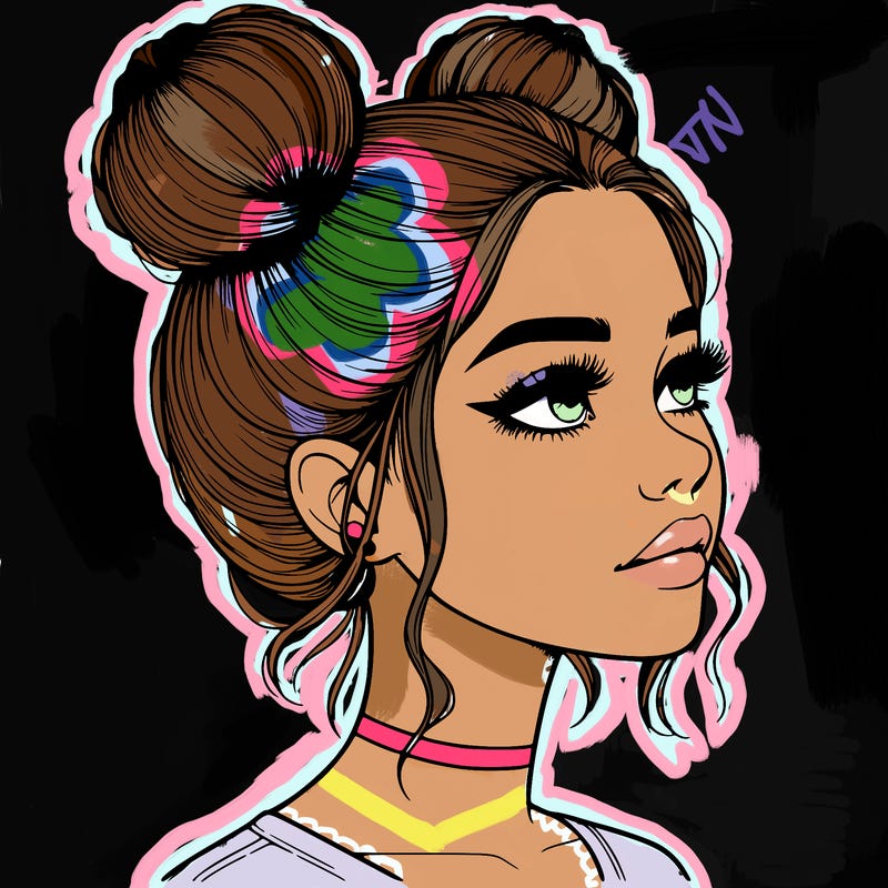 realistic girl with buns on the top of her head