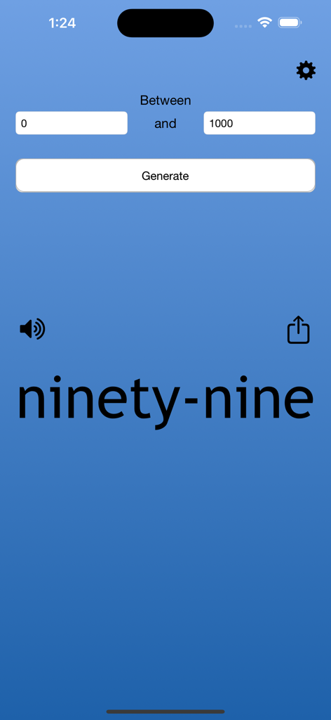 The Random Number Generator - A tela do aplicativo Random Number Generator mostrando um resultado de número aleatório em formato de texto com configurações de intervalo