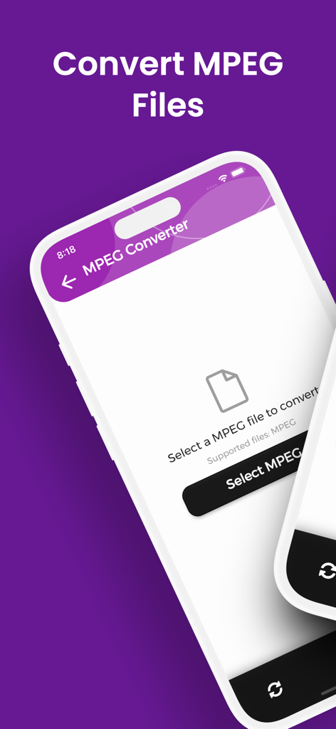MPEG Converter app interface on iPhone showing the file selection screen for MPEG conversion